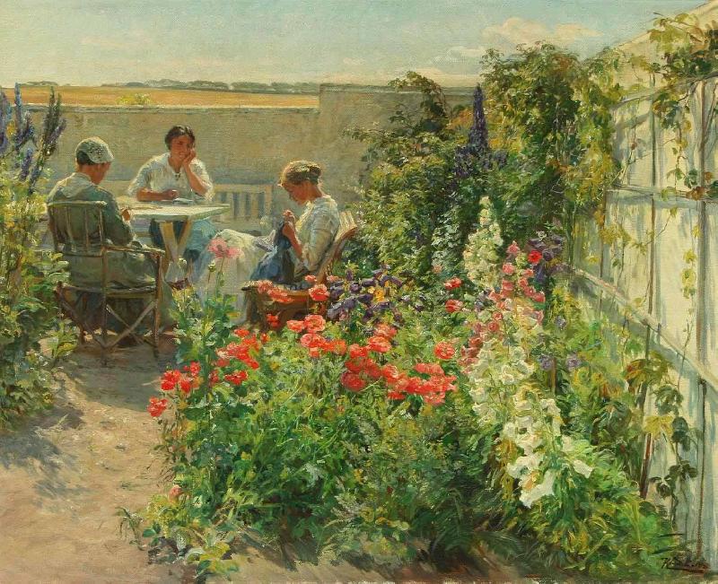 Knud Bergslien Blomstrende haveeksterir med tre kvinder ved et bord France oil painting art